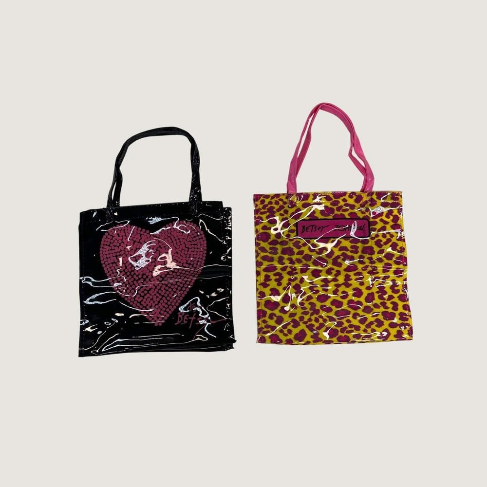 Betsey Johnson Tote Bag Set Women Small Black Pink Yellow Heart Leopard Plastic